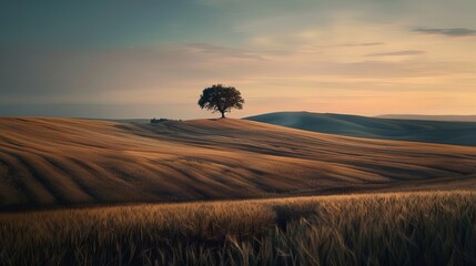 a solitary tree between a field of wheat and cloudy sky