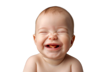 Portrait studio of young adorable baby with happy smile isolated on transparent background.
