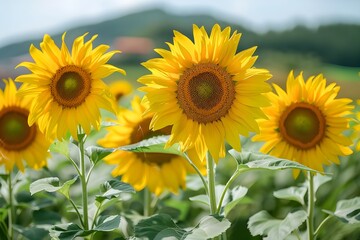 Sunflowers blooming in the rice fields, beautiful scenery, summer scenery, freshness.Generative AI
