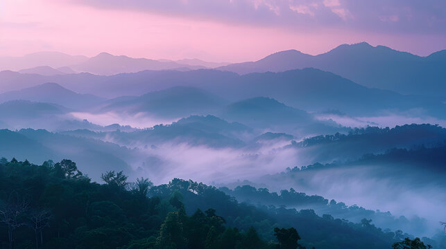 A photo of the Doi Inthanon National Park, with misty mountains as the backdrop, during a crisp dawn