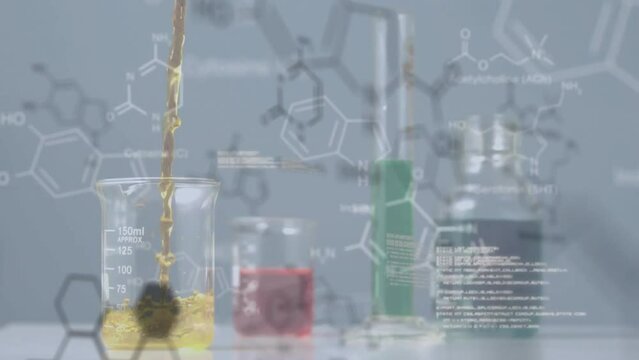 Animation of elements and data processing over chemical pouring into beaker at laboratory
