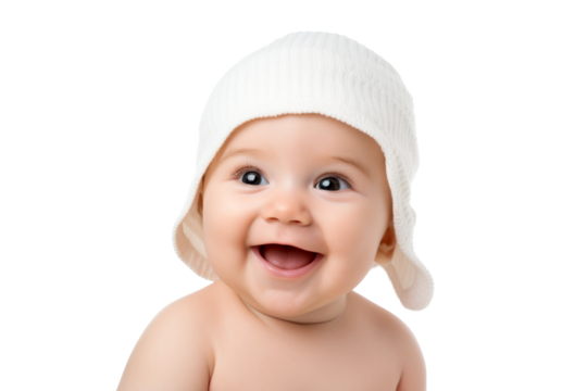 Portrait studio of young adorable baby with happy smile isolated on transparent background.