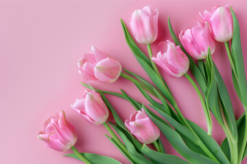 Naklejka premium Pink tulips on pink background, copy space, spring, easter, mothers day , womens day background. High quality photo