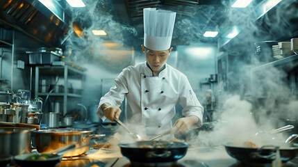 A Chef Preparing and cooking food items according to standardized recipes and quality standards - obrazy, fototapety, plakaty