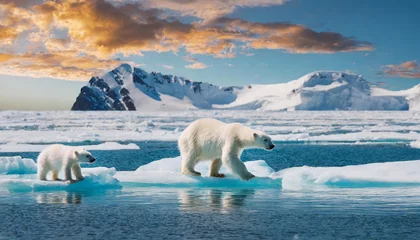Foto op Plexiglas polar bear and cubs walking across solo ice floating on arctic ocean Mom cubs walking across the frozen sea ice in northern Manitoba during their migration to the frozen ocean with global warming  © Stock