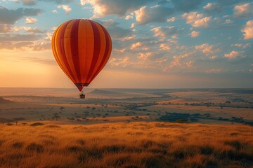Obraz premium Happy tourist taking a hot air balloon ride over the Serengeti. Full color photo. Canon r5, aperture f/1.8 --ar 3:2 --stylize 750 Job ID: 48e7c8b8-41ae-4a9e-8bb6-81493d574946