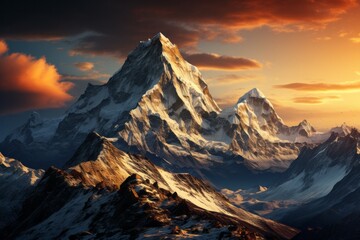 Snowy mountain at sunset, with cloudy sky in background
