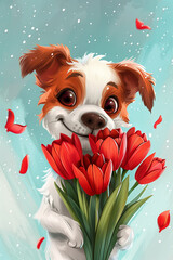 cute dog holding a bunch of flowers