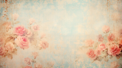 Fototapeta na wymiar Vintage floral wallpaper background with faded roses and aged paper aesthetic