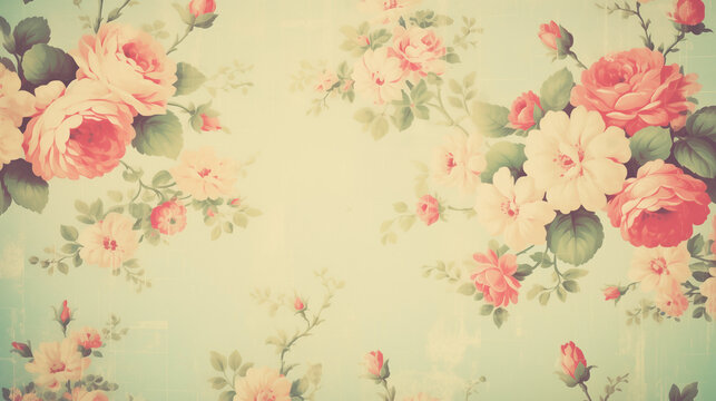 Dreamy vintage floral background with roses in pastel pink hues