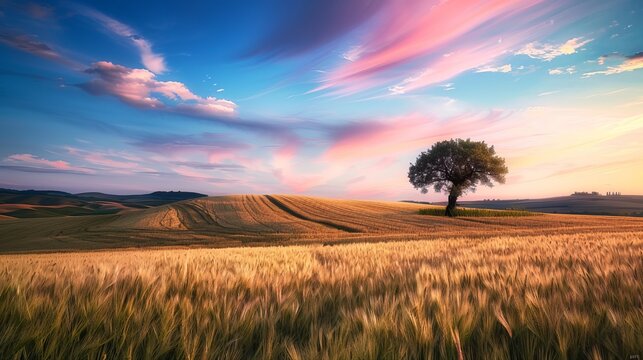 a solitary tree between a field of wheat and cloudy sky