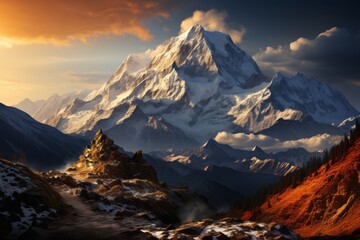 Snowy mountain in valley at sunset, surrounded by clouds - Powered by Adobe