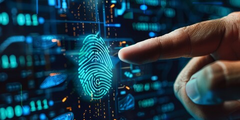Hand touching biometric fingerprint security interface - obrazy, fototapety, plakaty