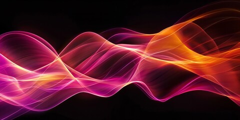 Abstract light waves with a gradient of pink to orange on a black background.