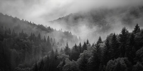 Misty forested mountain landscape in monochrome tones. - obrazy, fototapety, plakaty