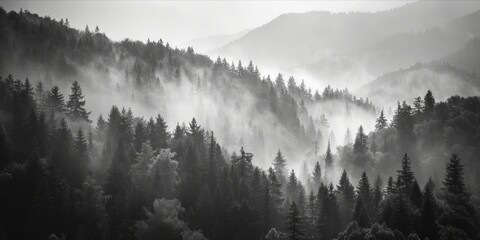 Misty forested mountain landscape in monochrome tones.