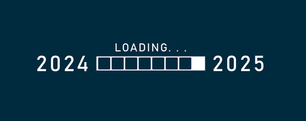 2025 countdown concept. Loading bar of 2024 to 2025. The loading bar with the loading process for Happy New Year's Eve and loading to 2025 with progress bar flat design isolated on a dark background