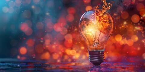 Light bulb with a fiery effect on a colorful background.