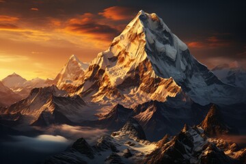 Snowcovered mountain at sunset with cloudy sky in natural landscape