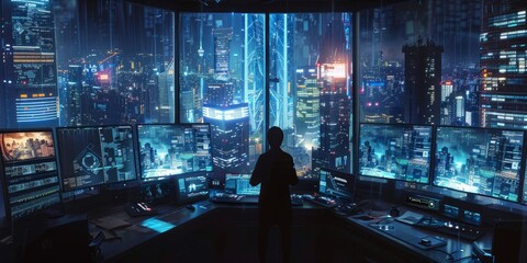 Person in a control room with screens overlooking a futuristic cityscape at night.
