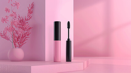 A 3D rendered image showcasing an open mascara tube and brush on a minimalist pink structure