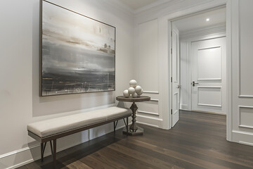 A Hallway With a Bench and a Painting on the Wall