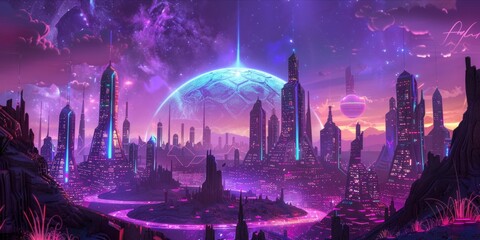 Futuristic cityscape with glowing structures under a night sky.