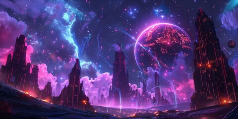 Futuristic cityscape with glowing structures under a night sky.