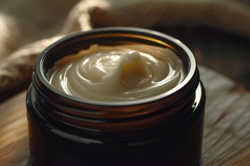 Detailed photograph focusing on the texture of the cream inside the jar. 