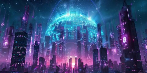 Futuristic cityscape with glowing structures under a night sky. - obrazy, fototapety, plakaty