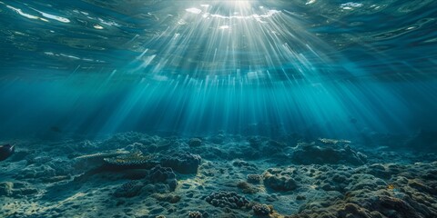 Fototapeta na wymiar Underwater view with sunlight piercing through the ocean's surface.