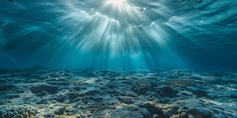 Fototapeta na wymiar Underwater view with sunlight piercing through the ocean's surface.