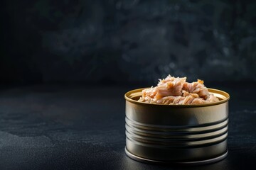 A black and gold tin containing food, with tuna fish preserves inside, set against a black background - Powered by Adobe