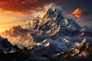 A snowcovered mountain with clouds at sunset in a stunning natural landscape - Powered by Adobe