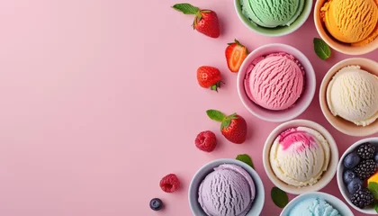 Schilderijen op glas Assorted ice cream flavors with fresh berries on pastel background © Minerva Studio