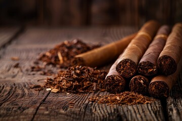 Closeup of a pile of cigars resting on top of a wooden table, with a dark background suitable for...