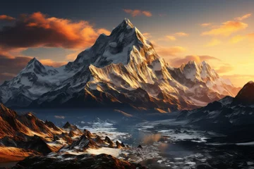 Foto op Canvas Snowcovered mountain with river, under sunset sky, creating a natural landscape © JackDong