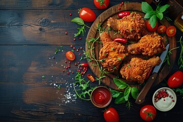 Crispy fried chicken broast served on a rustic wooden table