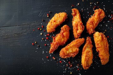 Crispy chicken tenders with pepper flakes displayed on a black wooden background