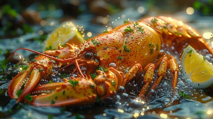 Appetizing lobster with lemon wedges. Sea delicacy for a refined dinner. Gifts of the sea.
