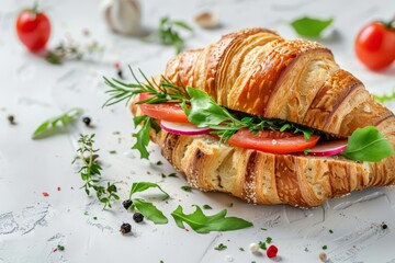 A croissant sandwich filled with fresh tomatoes and crisp lettuce on a white stone background