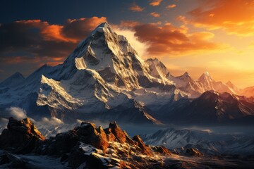 Snowcovered mountain at sunset with a cloudy sky in the background