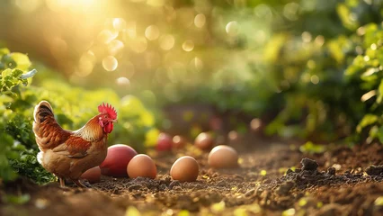 Foto auf Acrylglas Farm and agriculture creative background. Rural landscape, beautiful hen and eggs. Sustainable chicken farming. © SARATSTOCK