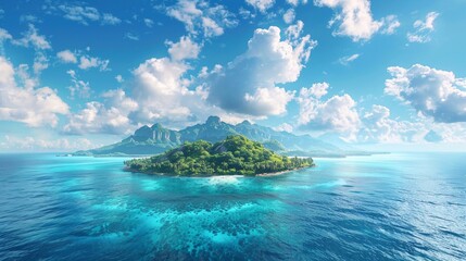 Tropical island in blue water ocean and summer sky. Empty banner scene for summer vacation...