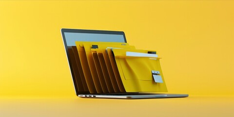 Laptop with file folders protruding from the screen on a yellow background. - obrazy, fototapety, plakaty