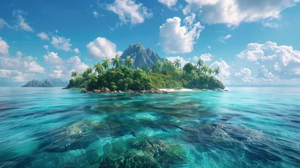Gordijnen Tropical island in blue water ocean and summer sky. Empty banner scene for summer vacation presentation © vita555