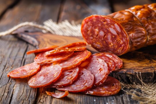A pile of sliced salami on a wooden cutting board