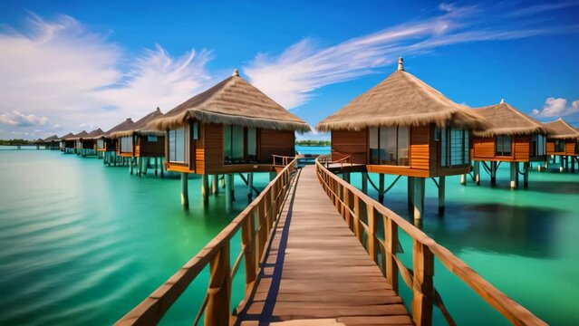 tropical beach in Maldives with few palm trees and blue lagoon, Maldives water bungalows, AI Generated