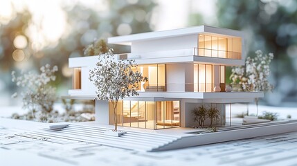 White model of contemporary style house with focus on balcony overlying detailed blueprints' cutout on white background