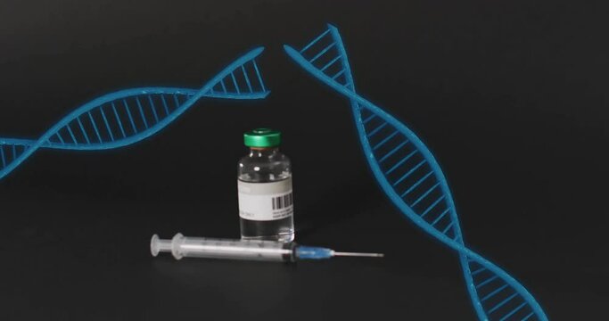 Animation of blue dna strands over syringe and vaccine vial on black background
